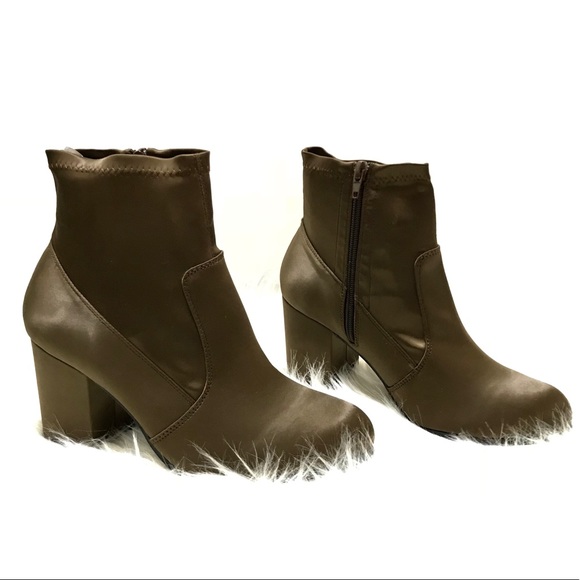 brown satin block heel booties - Picture 2 of 7